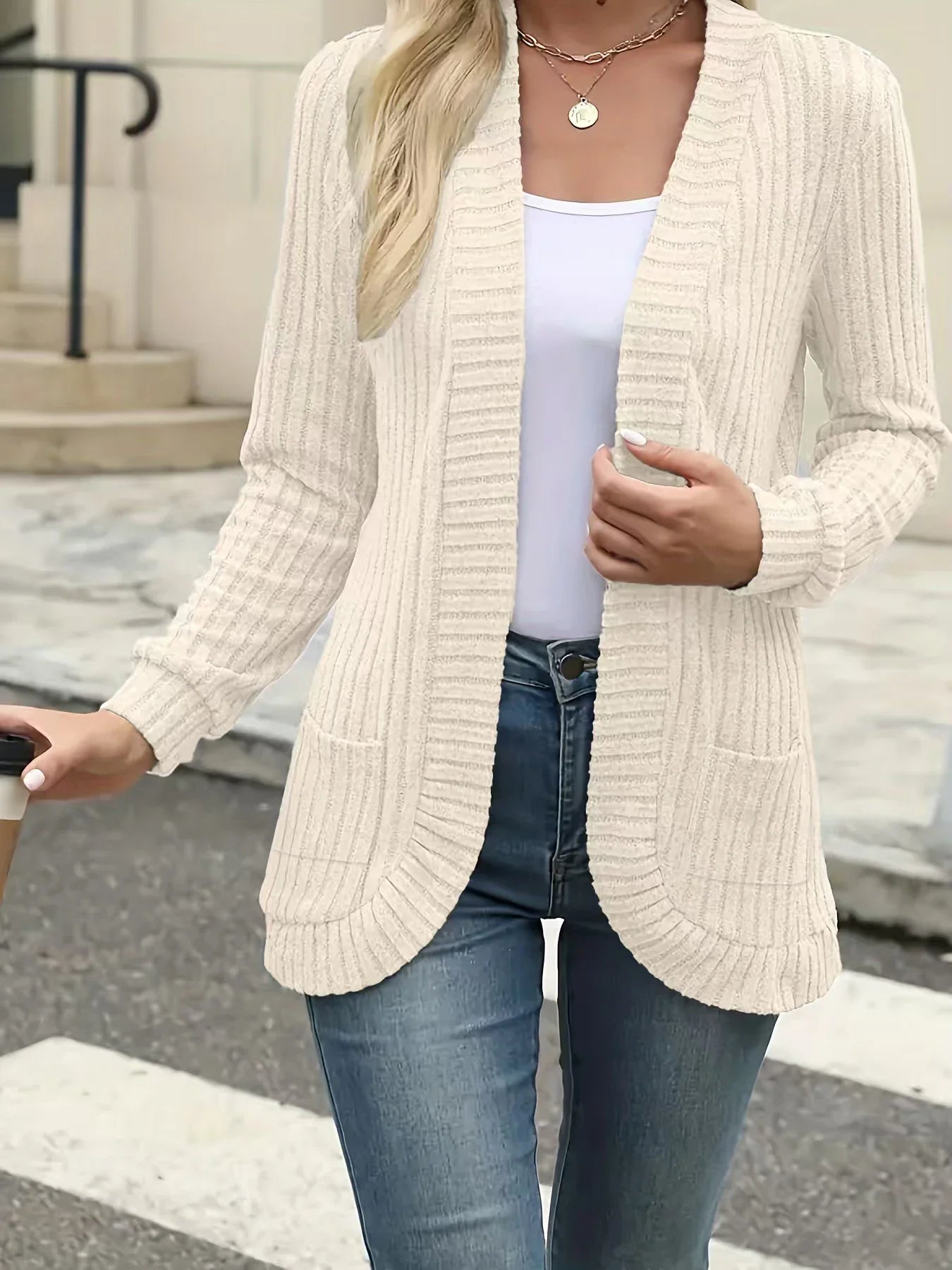 Women Brushed Knit Cardigan Jacket With Pockets Casual Style