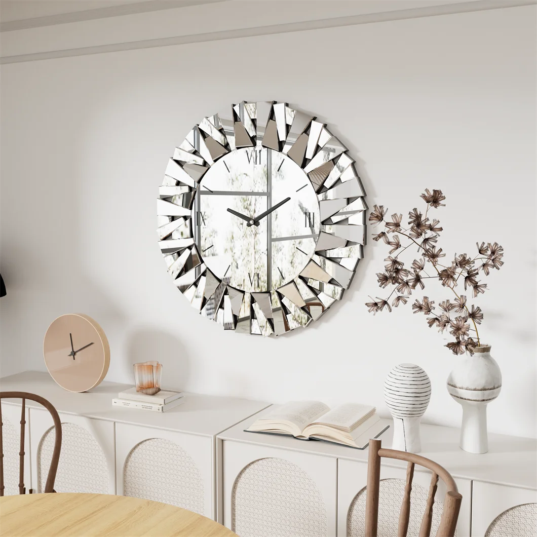 Mirror Sunburst Wall Clock 3D Round Roman Numeral Modern Decor