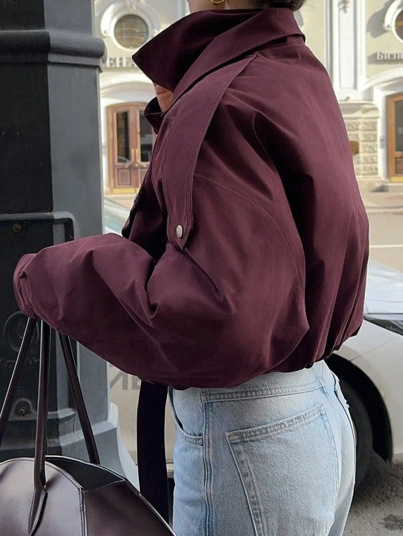 Burgundy Stand Collar Zip-Up Jacket with Waist Tie, Oversized Fit for Fall Winter Streetwear