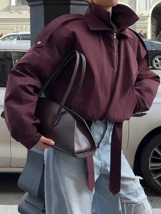 Burgundy Stand Collar Zip-Up Jacket with Waist Tie, Oversized Fit for Fall Winter Streetwear