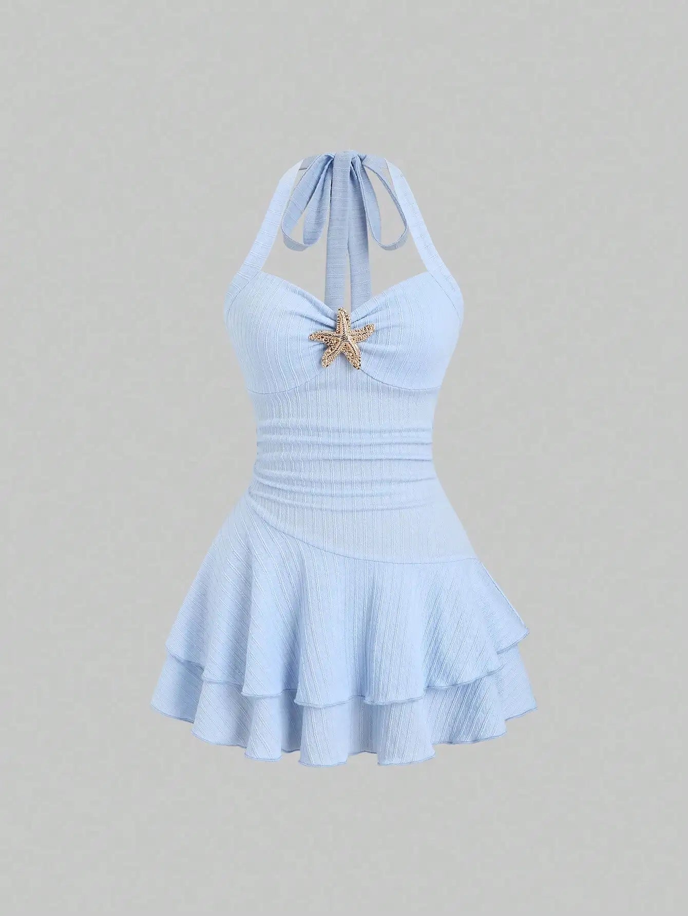 Women's Halter Neck Beach Mini Dress with Starfish Decor, Ruched Bust & Layered Ruffle Hem, Spring Summer