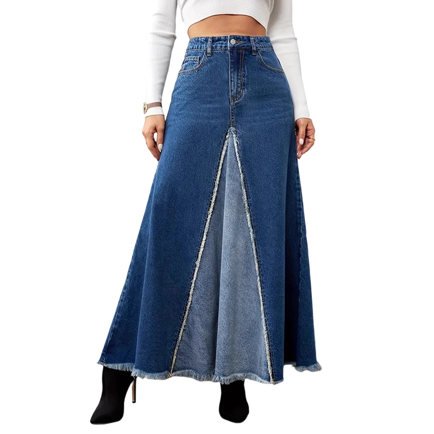 XBTCLXEBCOCN Women's Vintage Denim Midi Skirt With High Waist