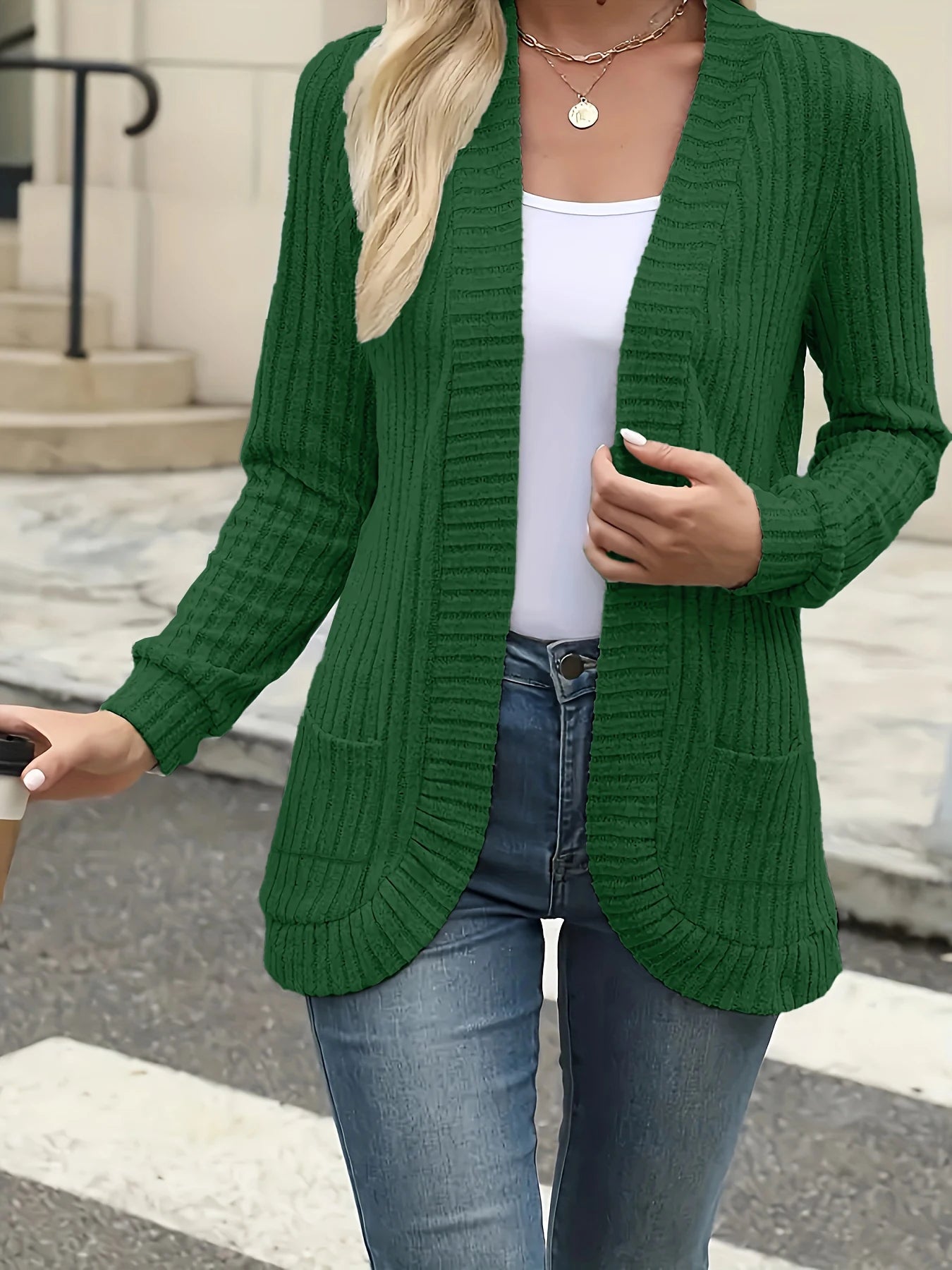 Women Brushed Knit Cardigan Jacket With Pockets Casual Style