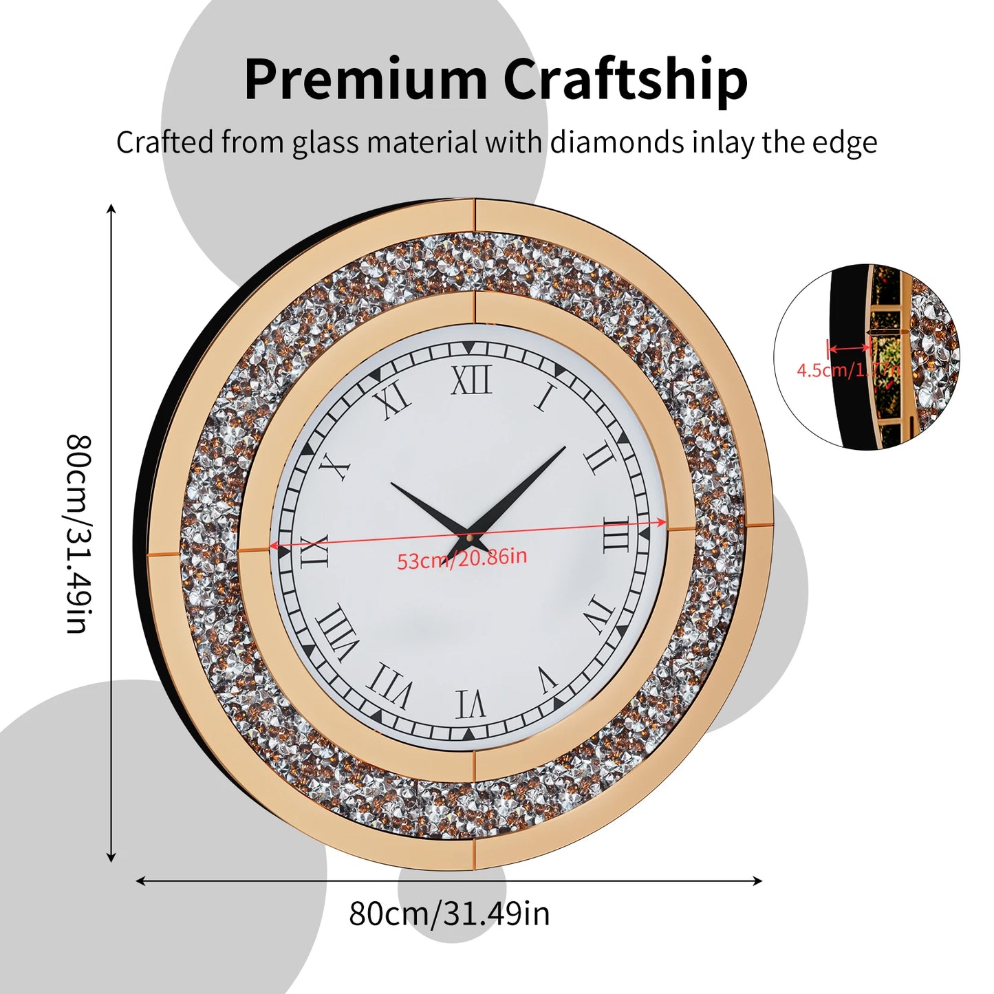 Bling Round Mirror Clock For Glam Sparkle Wall Decor