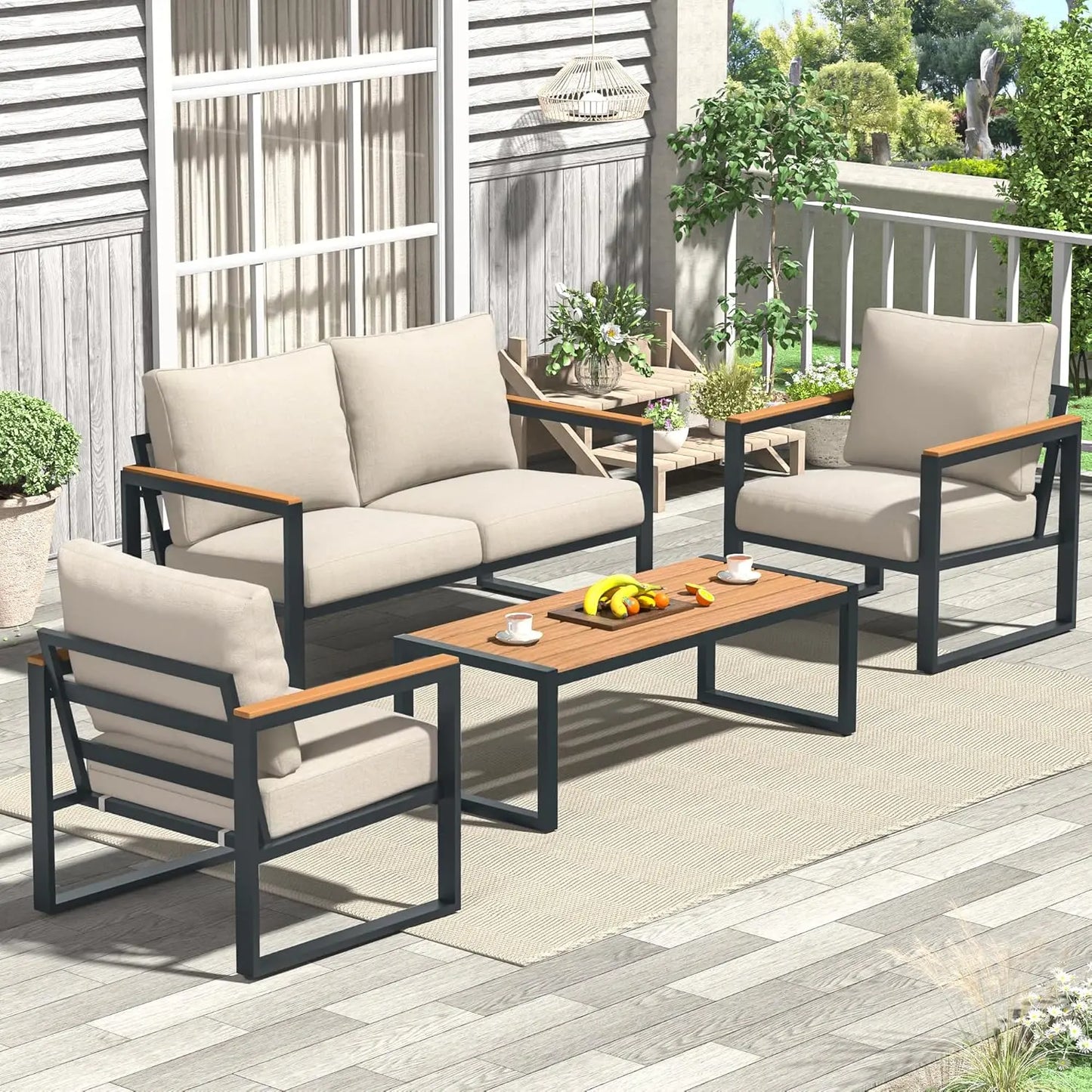 Patio Furniture Set, 4 Pieces Outdoor Patio Furniture with Coffee Table Set, Metal Patio Conversation Sets, Customized