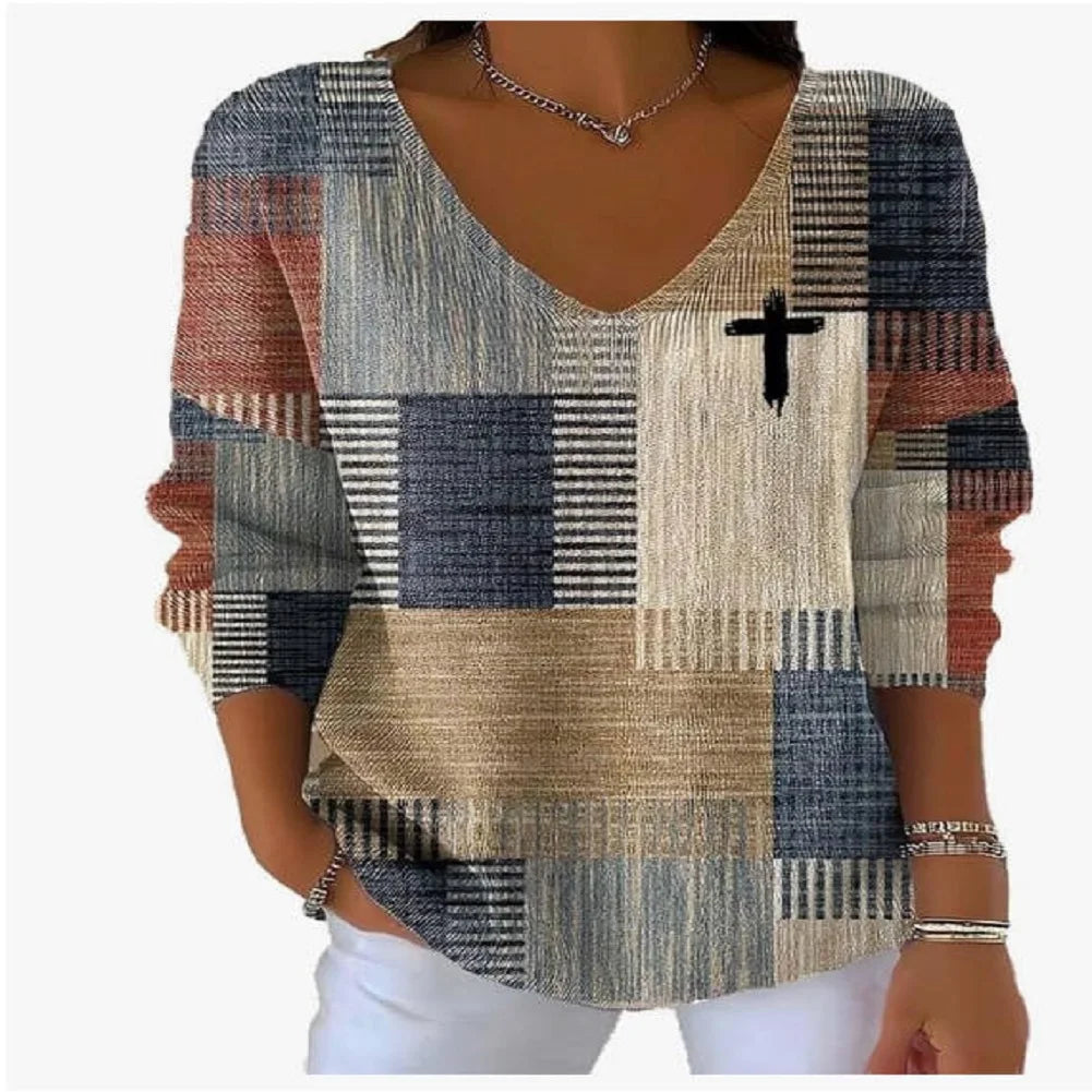 APWIKOGER Womens Casual Retro Color Block Faith Cross Jesus Sweatshirts