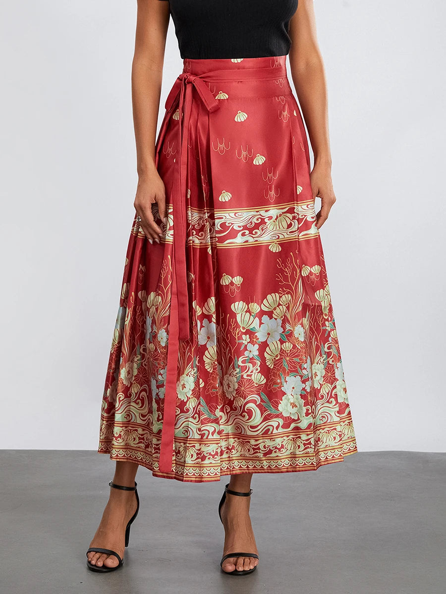 hirigin Women's Velvet Pleated Tie Waist A-Line Skirt