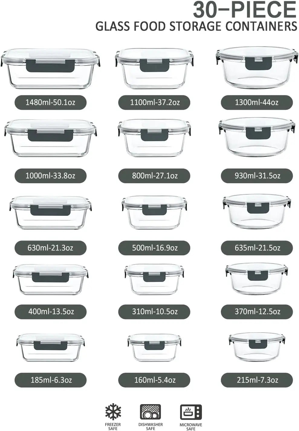 30-Piece Glass Food Storage Set with Snap Lids - Airtight, Microwave & Dishwasher Safe Meal Prep Containers