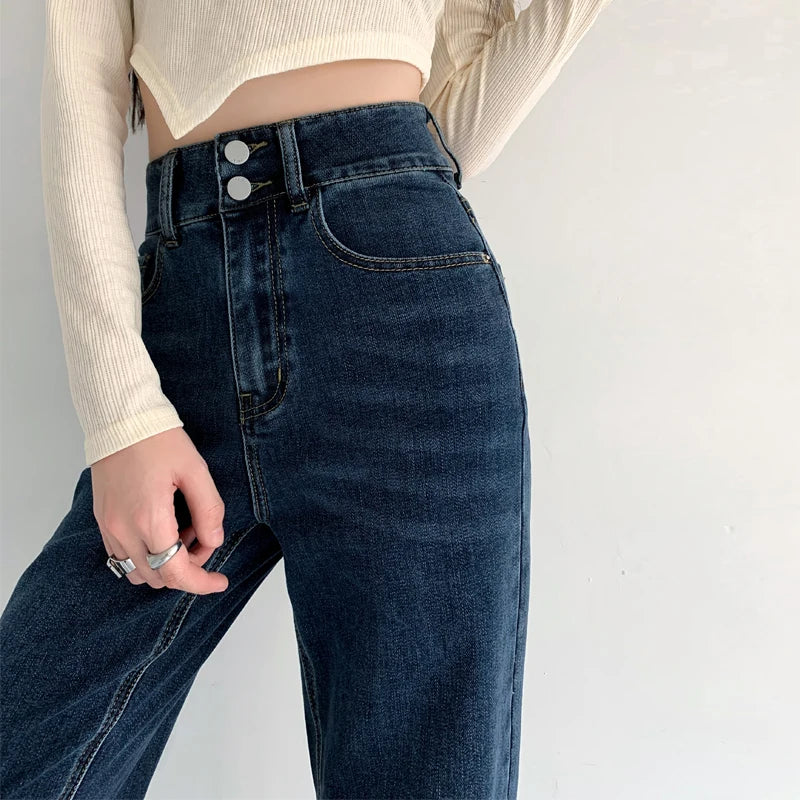 Loose Straight Women's Jeans Fashion Stretch Soft Drape Multi-button High Waist Denim Trousers Street Fashion Female Clothing