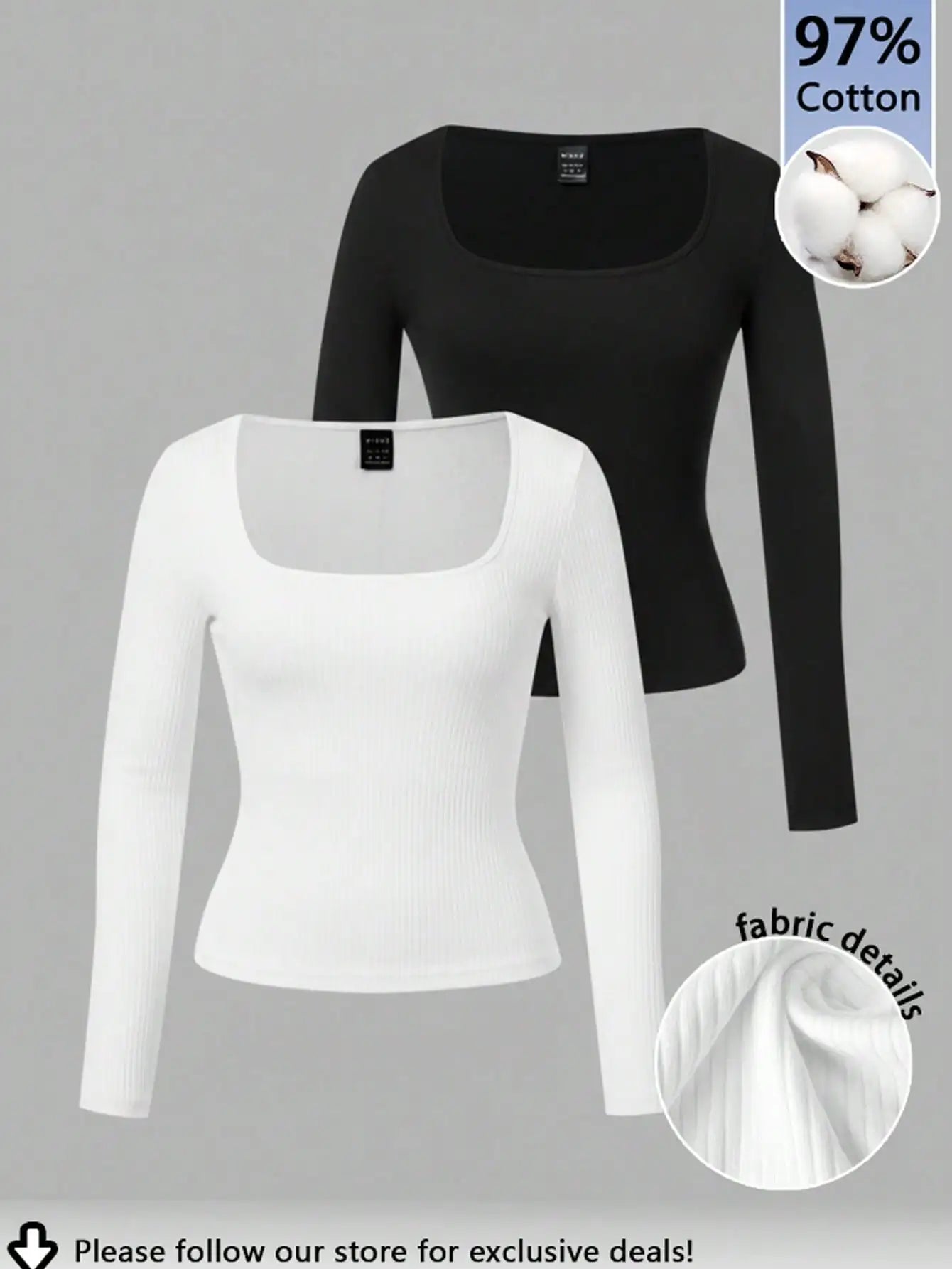2-Pack Women's Square Neck Long Sleeve Fitted T-Shirts - Black & White, Casual Basic Tops for Autumn Winter