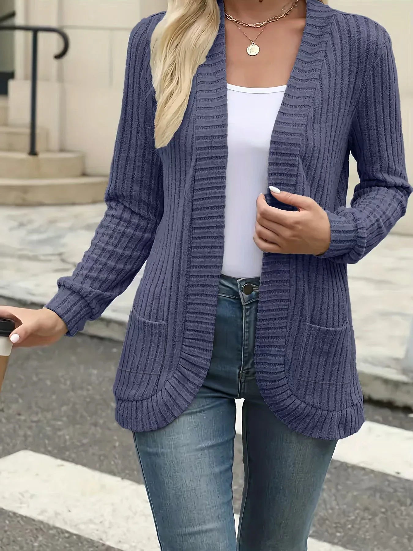 Women Brushed Knit Cardigan Jacket With Pockets Casual Style
