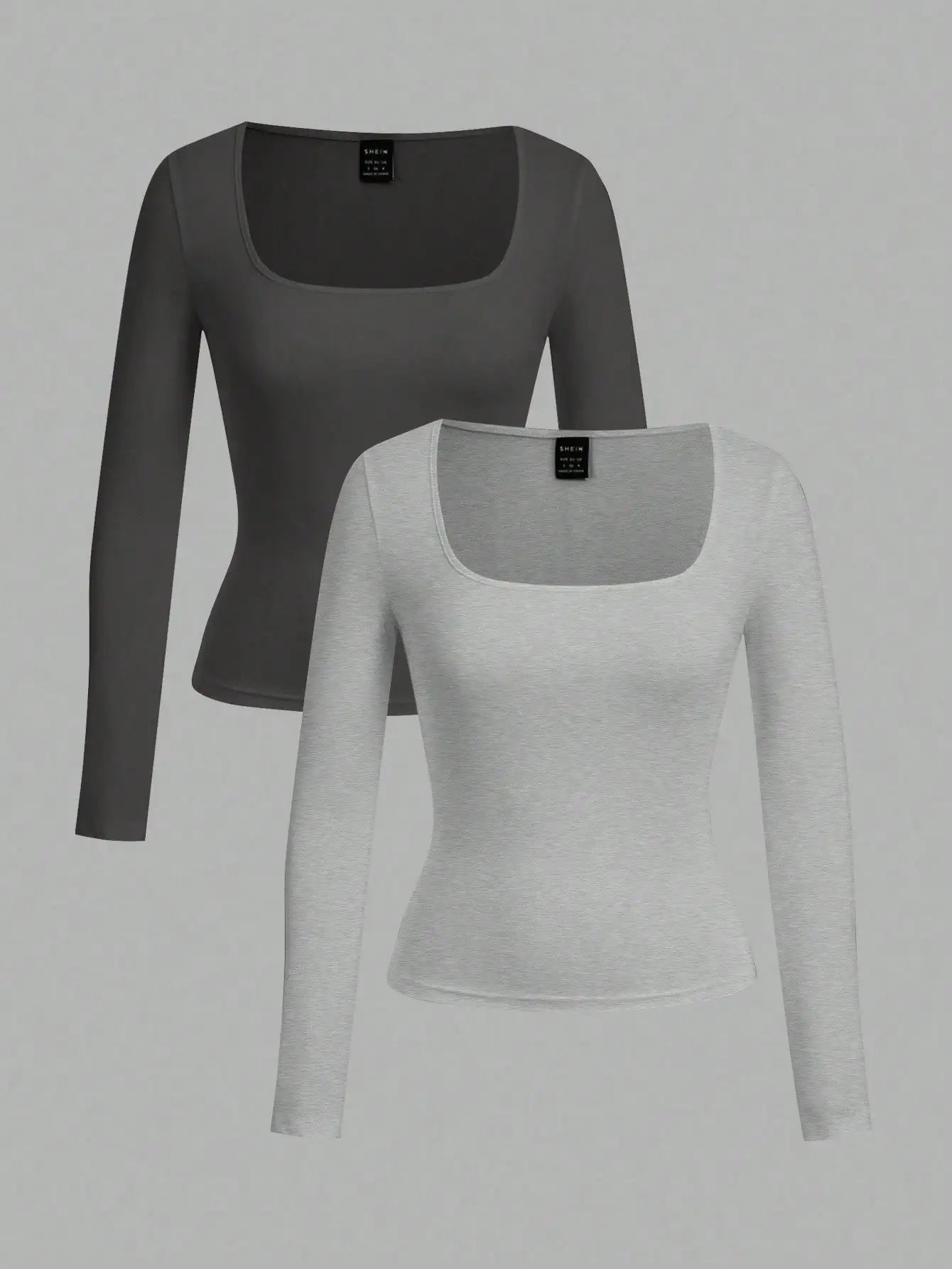 2-Pack Women's Square Neck Long Sleeve Fitted T-Shirts - Black & White, Casual Basic Tops for Autumn Winter