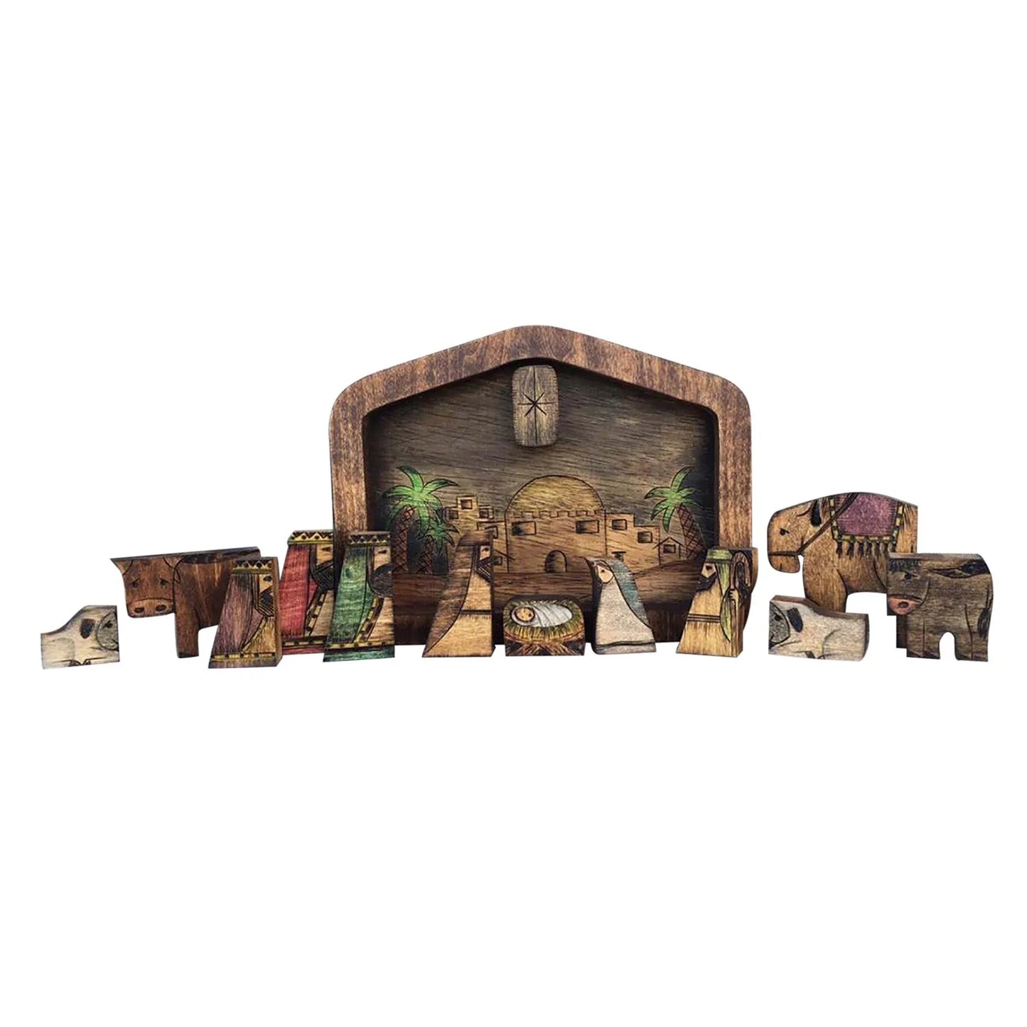 Wooden Nativity Puzzle Set With Burned Design Table Decor