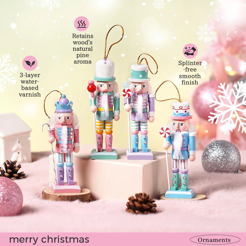 Macaron Nutcracker Ornaments 4-Piece Painted Wooden Christmas Decorations