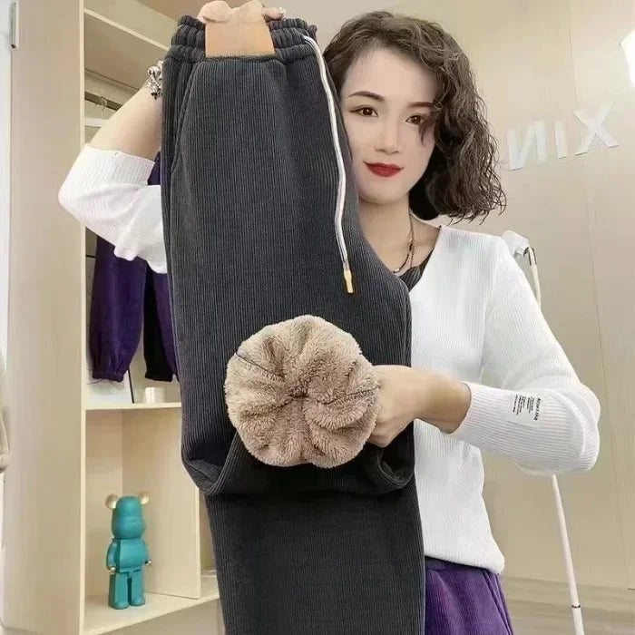Fleece-Lined European Cotton Velvet Womens Warm Winter Sports Pants