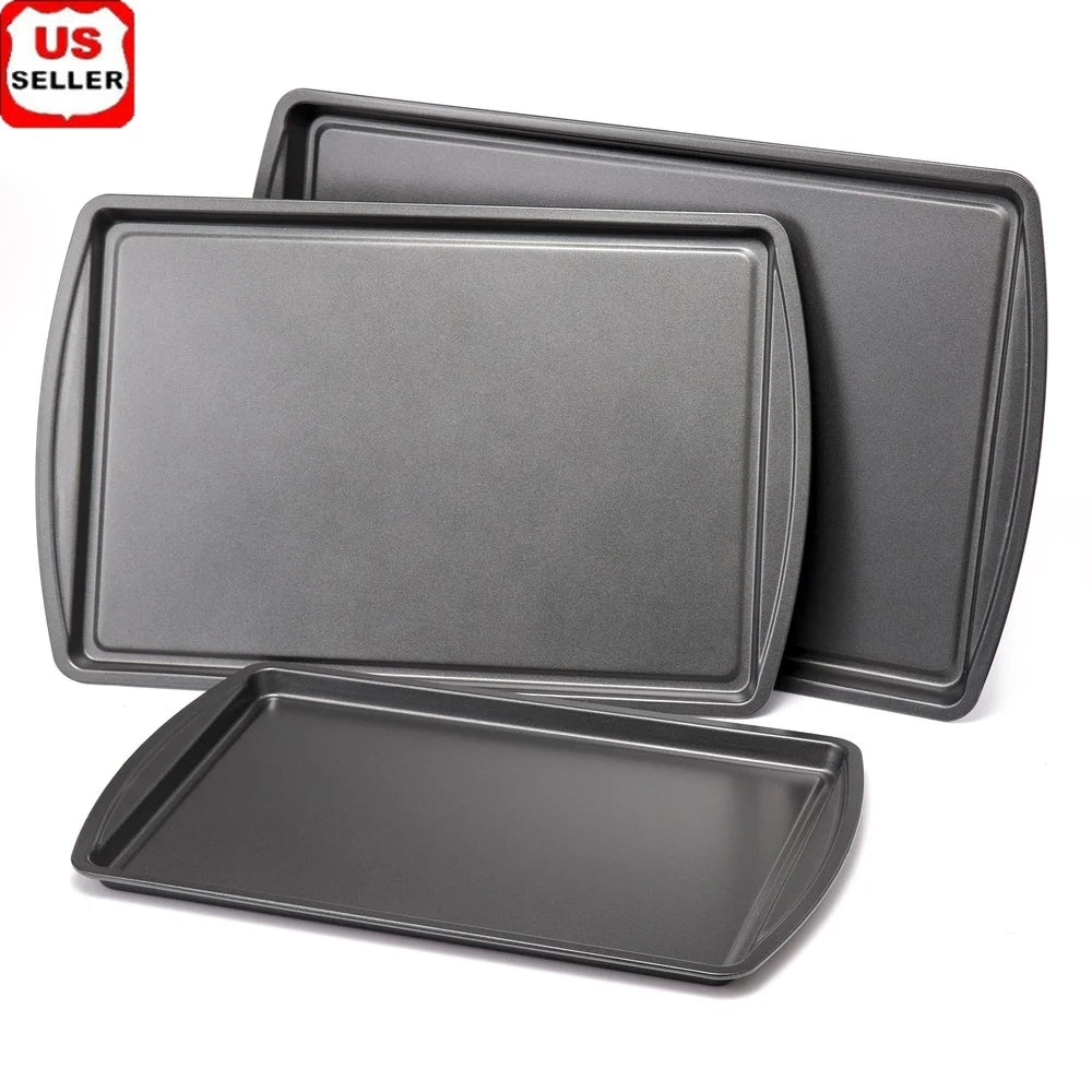3PC Nonstick Cookie Sheet Set Durable Steel Construction Easy Release Perfect Baking Tasks