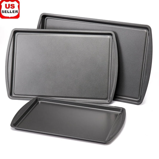 3PC Nonstick Cookie Sheet Set Durable Steel Construction Easy Release Perfect Baking Tasks
