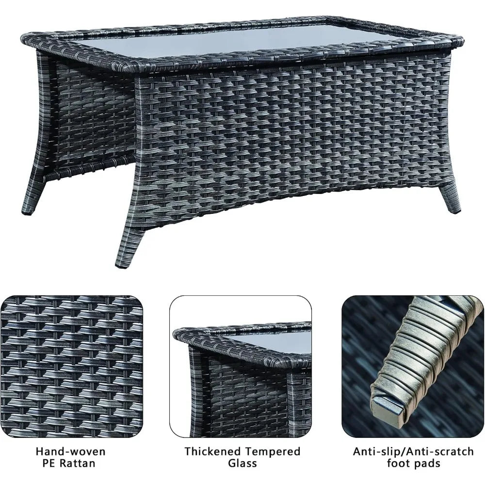 Rilyson Patio Tables Wicker Coffee Table - Outdoor Rattan Coffee Tables with Glass Top for Patio Proch Deck Balcony Rectangle Mi