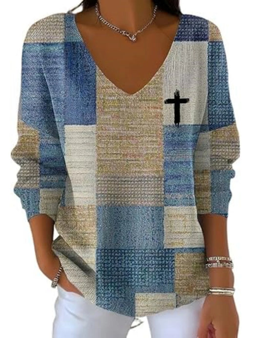 APWIKOGER Womens Casual Retro Color Block Faith Cross Jesus Sweatshirts