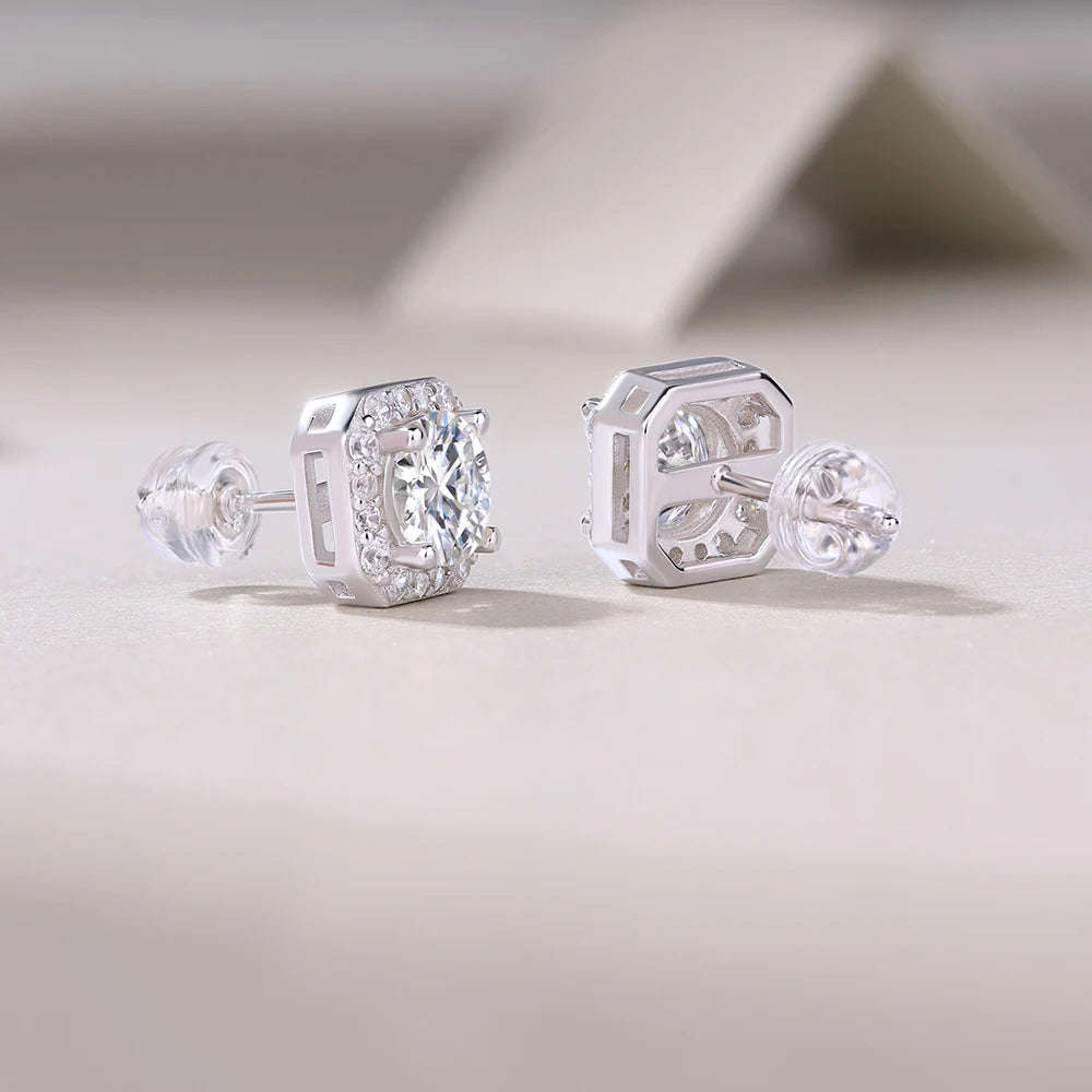 JIUZUAN Moissanite Octagon Halo Stud Earrings 925 Silver 18K Gold Plated