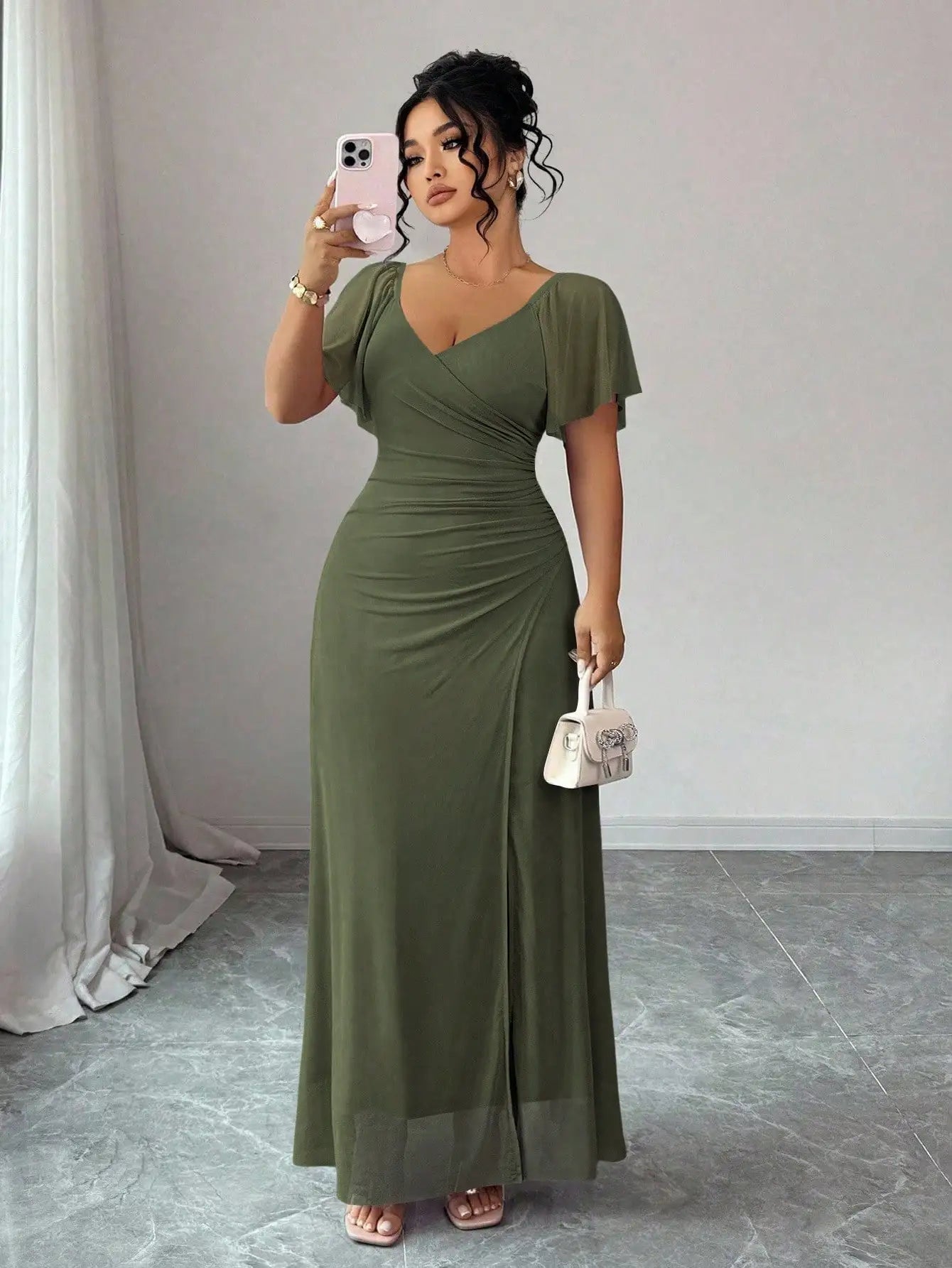 Lavender V-Neck Ruffle Sleeve Pleated Maxi Dress for Bridesmaid Wedding Party Formal Occasion