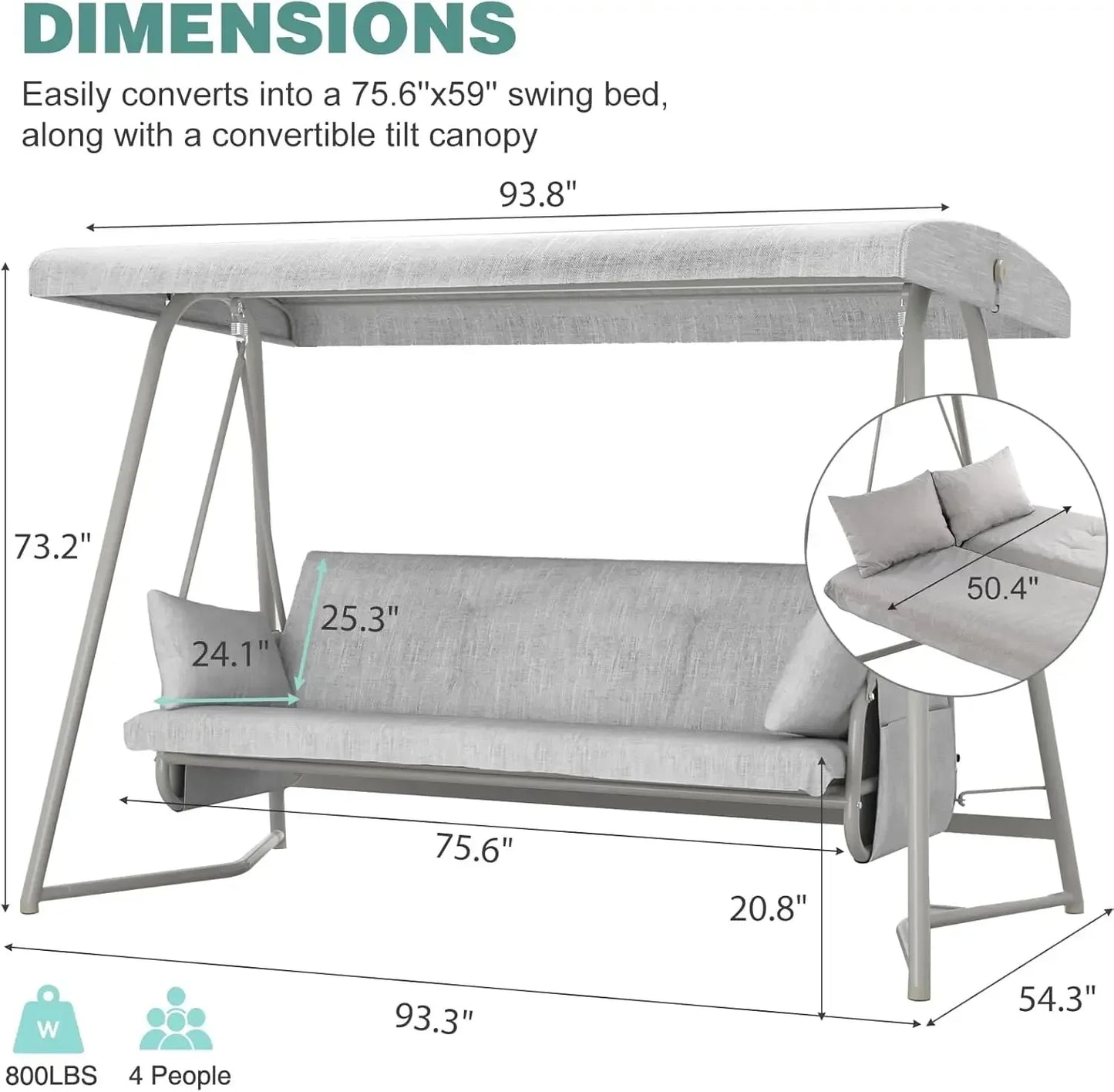 3 to 4 Seat Porch Swing, 2-in-1 Outdoor Swing Bed with Adjustable Backrest Canopy 800 lbs Capacity Patio Swing Chair with Stand