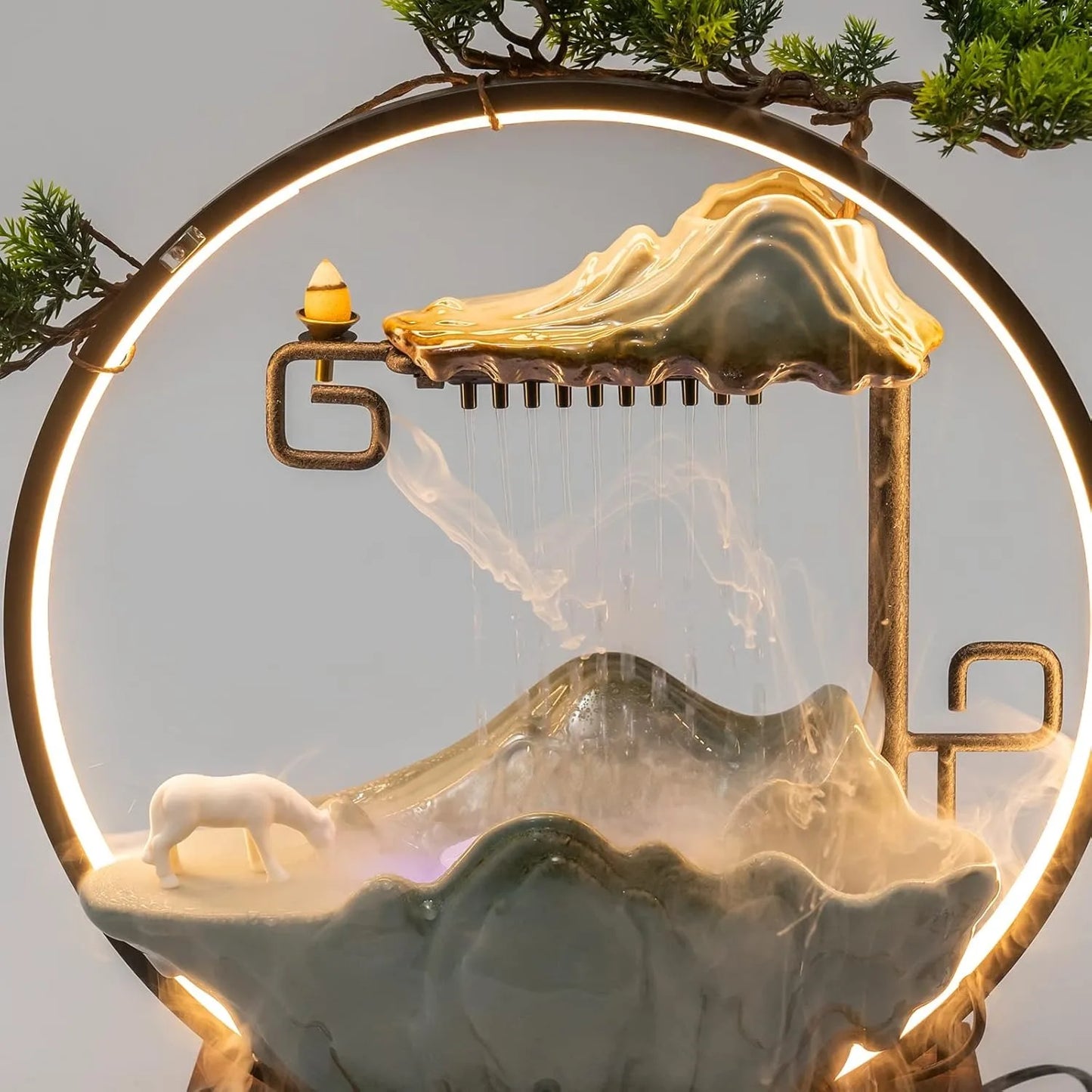 Bymaocar Tabletop Water Fountain With LED Light MistMaker Incense Holder