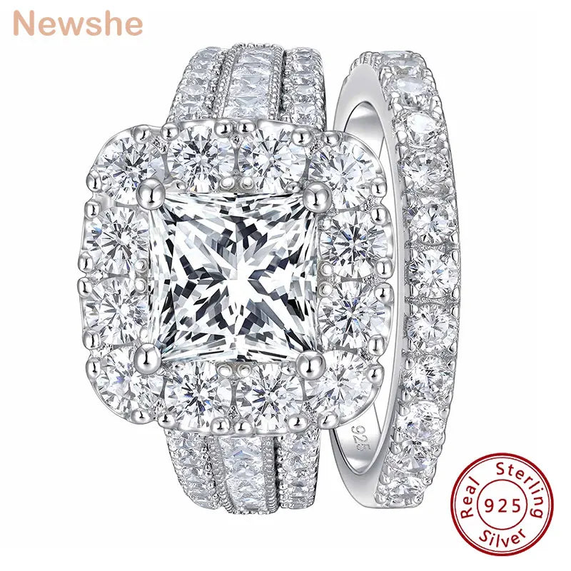 Newshe 2-Piece 925 Silver Wedding Rings Set with Halo