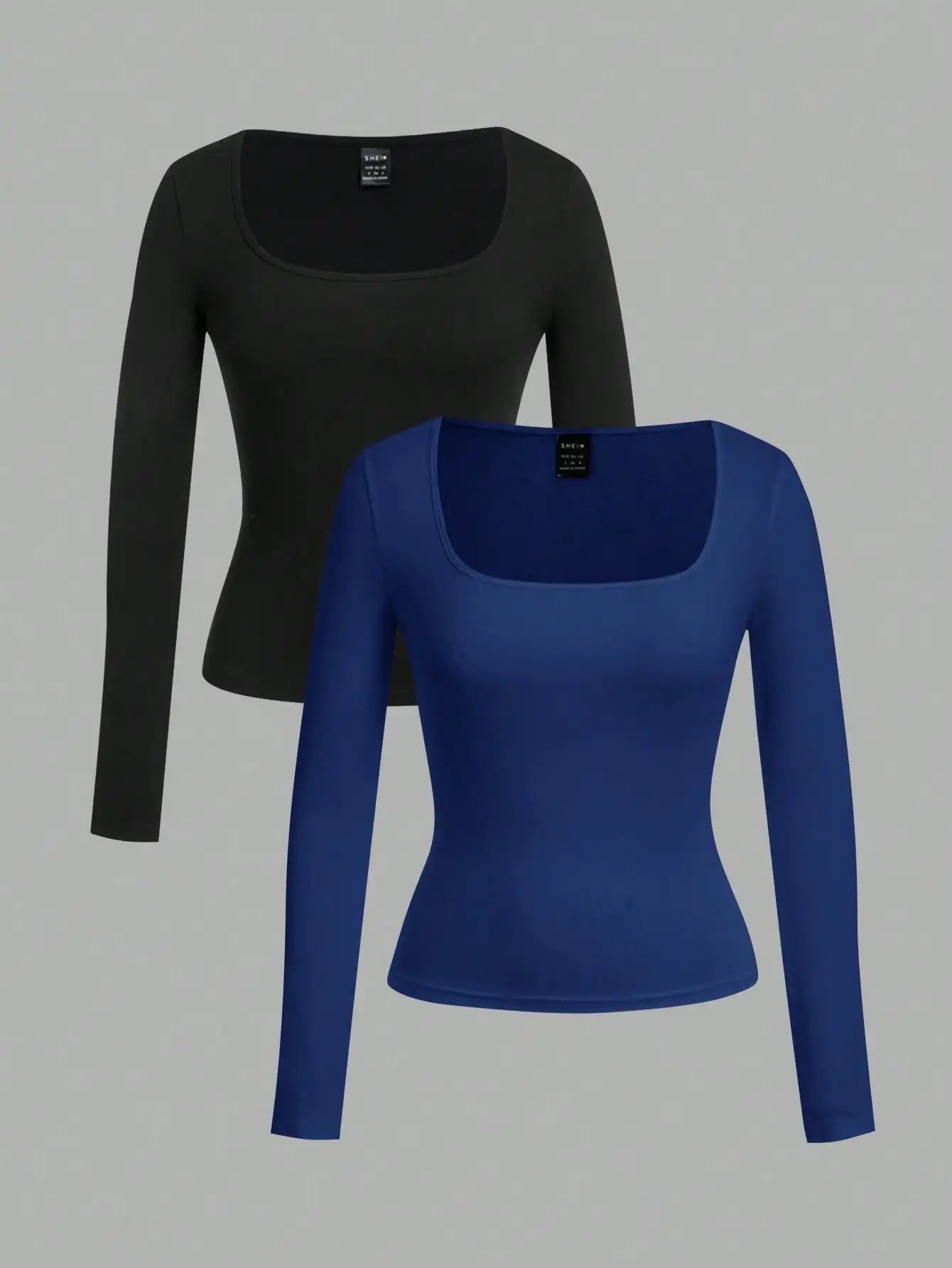 2-Pack Women's Square Neck Long Sleeve Fitted T-Shirts - Black & White, Casual Basic Tops for Autumn Winter