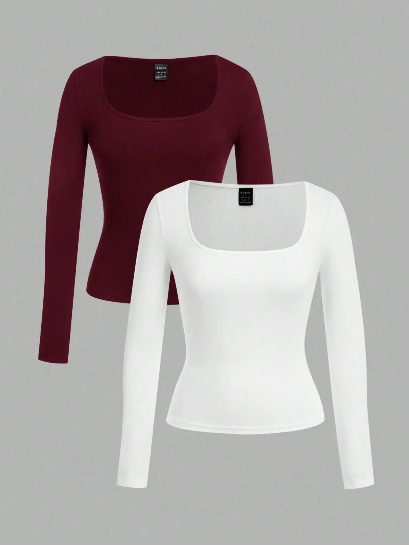 2-Pack Women's Square Neck Long Sleeve Fitted T-Shirts - Black & White, Casual Basic Tops for Autumn Winter