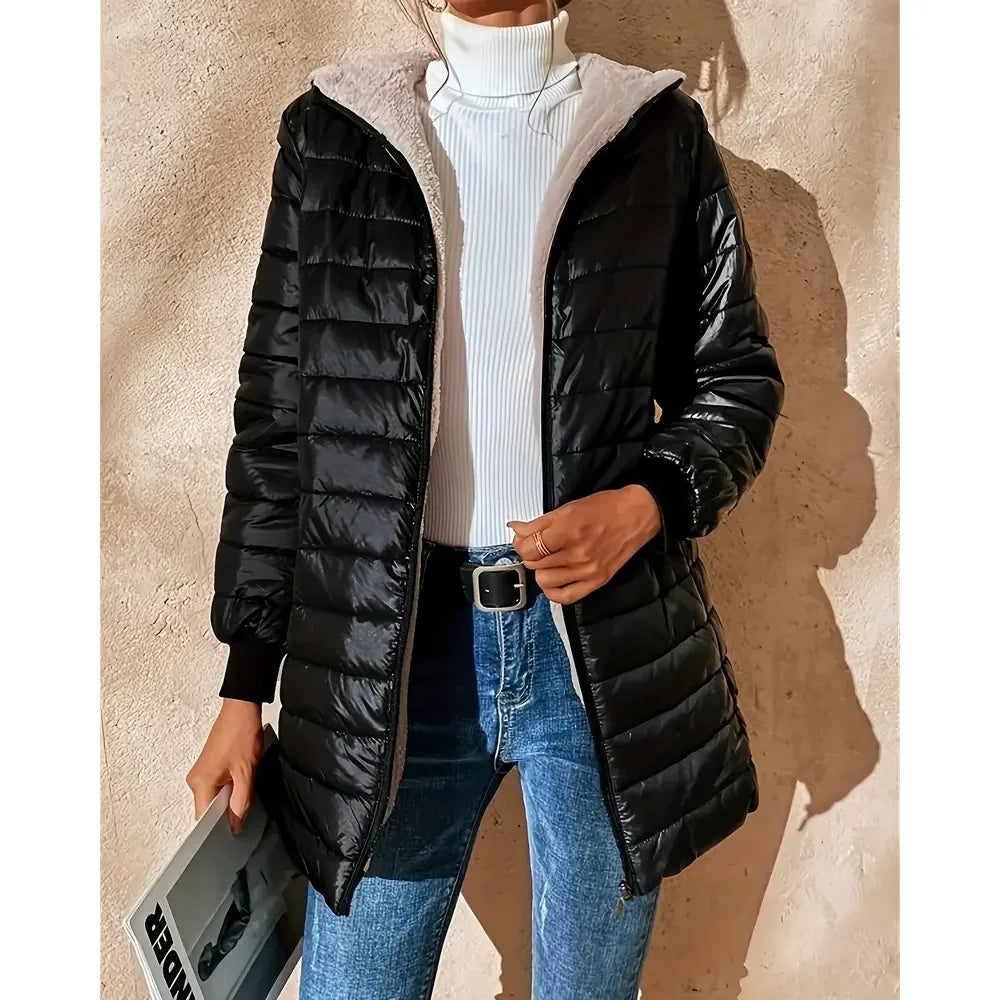 Autumn Winter Mid-Length Women's Down Jacket - Fashion Warm Knitted Hat Design White Duck Down Coat Cold Weather Slim Fit Parka