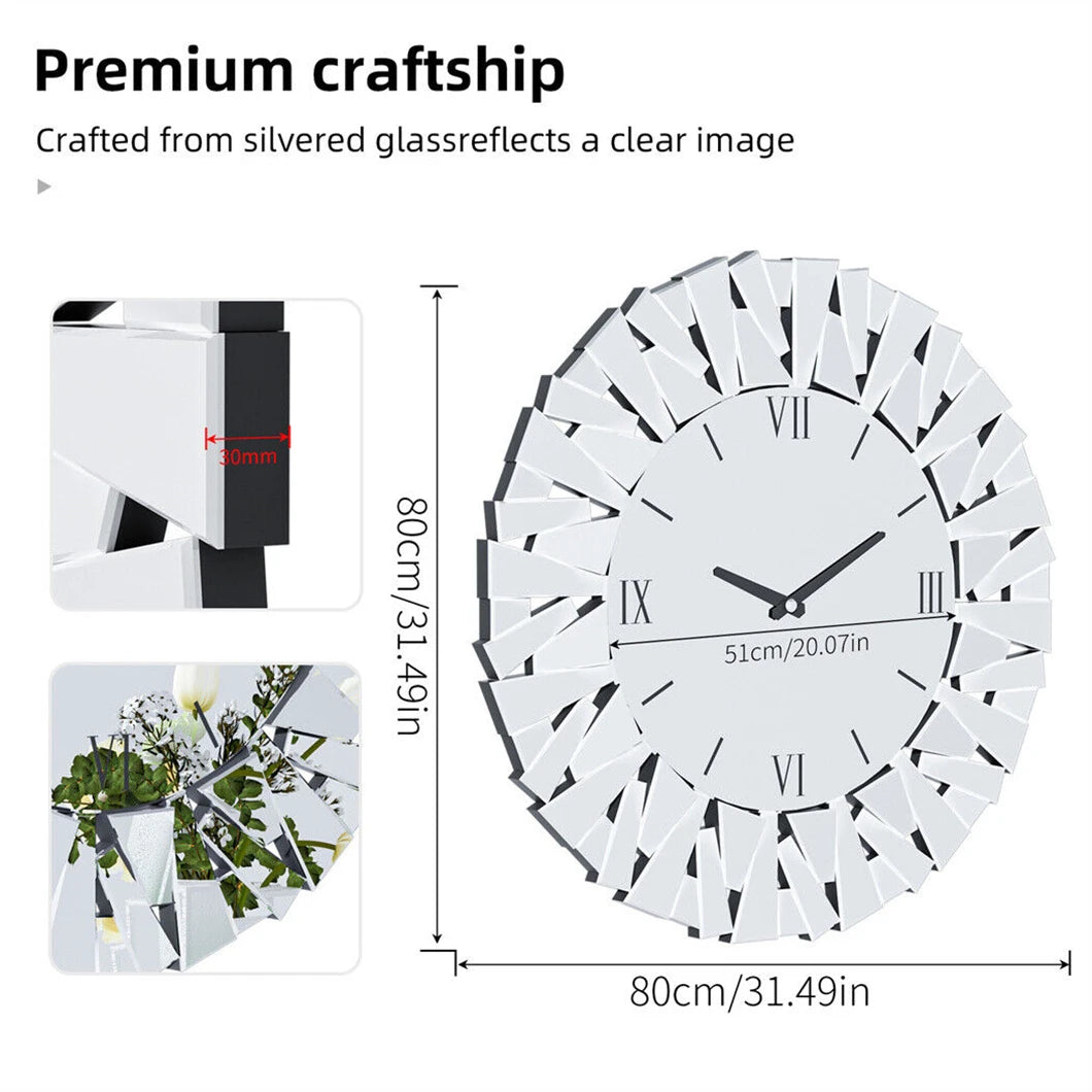 Mirror Sunburst Wall Clock 3D Round Roman Numeral Modern Decor