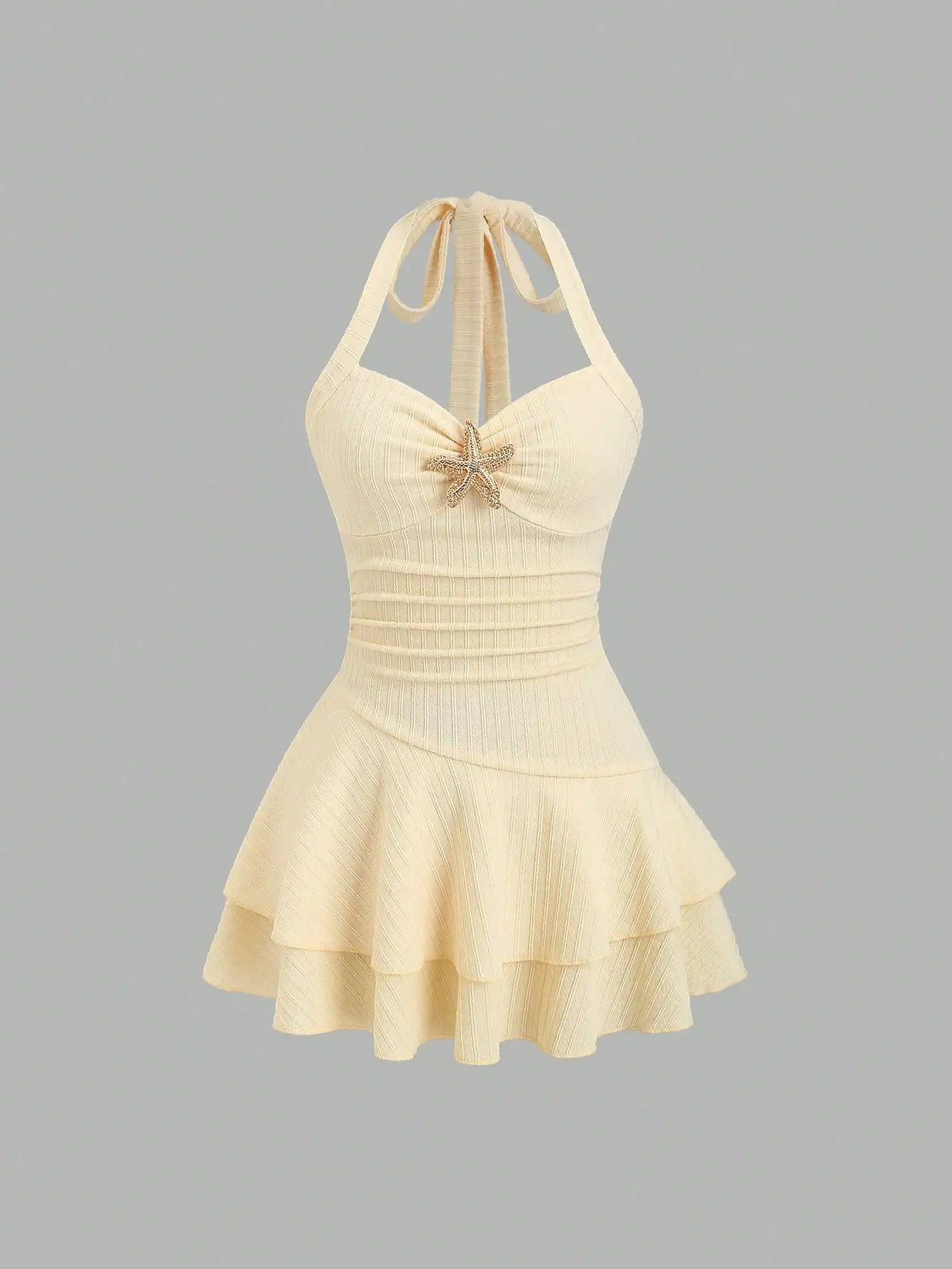 Women's Halter Neck Beach Mini Dress with Starfish Decor, Ruched Bust & Layered Ruffle Hem, Spring Summer