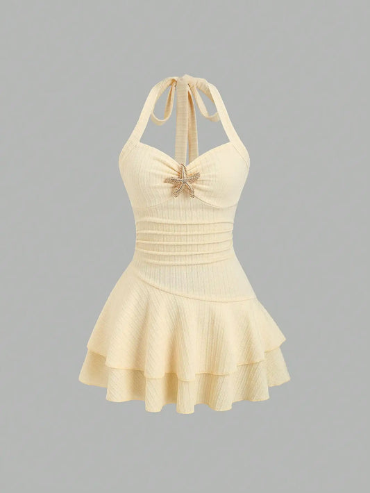 Women's Halter Neck Beach Mini Dress with Starfish Decor, Ruched Bust & Layered Ruffle Hem, Spring Summer