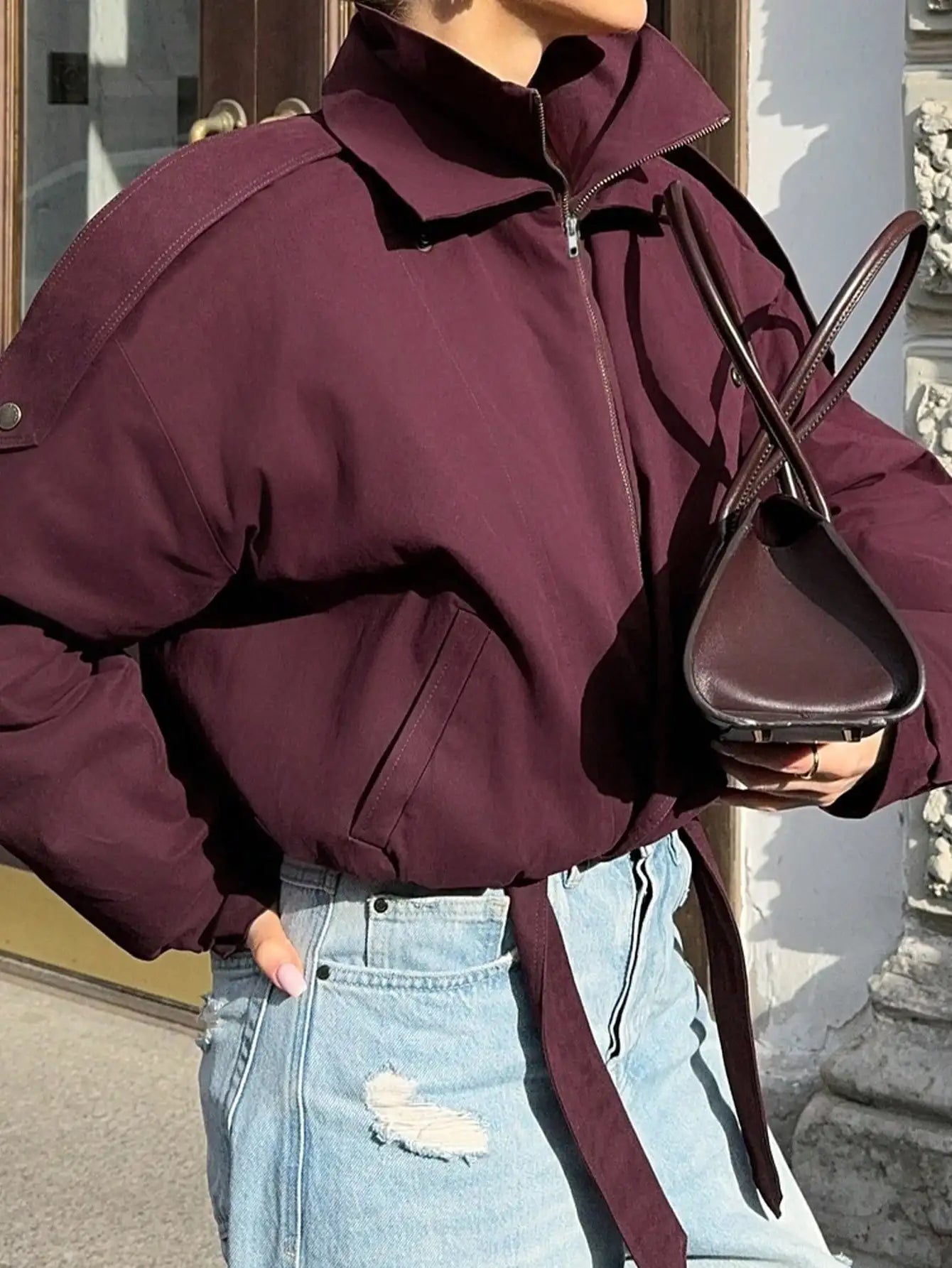 Burgundy Stand Collar Zip-Up Jacket with Waist Tie, Oversized Fit for Fall Winter Streetwear