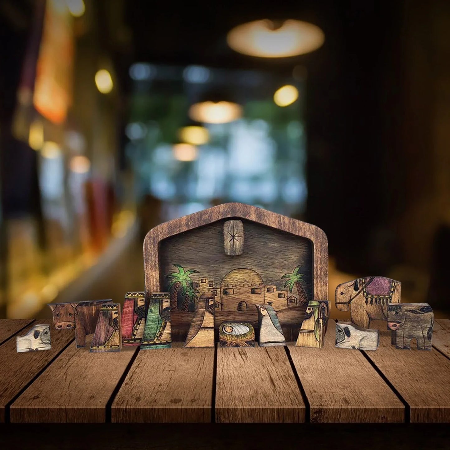 Wooden Nativity Puzzle Set With Burned Design Table Decor
