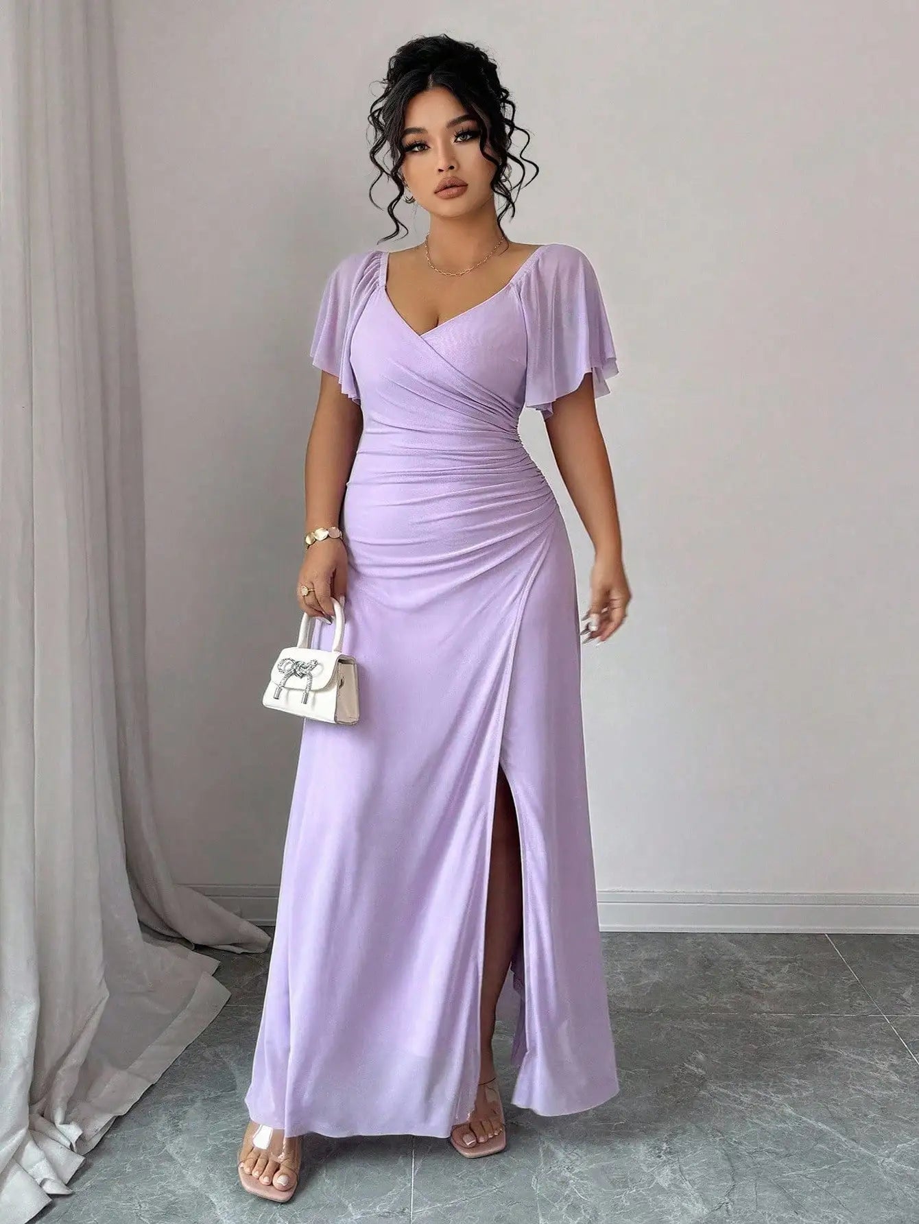 Lavender V-Neck Ruffle Sleeve Pleated Maxi Dress for Bridesmaid Wedding Party Formal Occasion