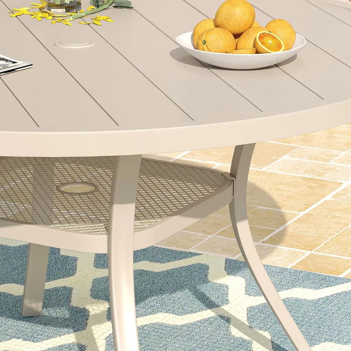 48" Round Patio Dining Table for 6, Outdoor Metal Dining Table with 1.57" Umbrella Hole for Backyard Lawn Garden, Sandshell