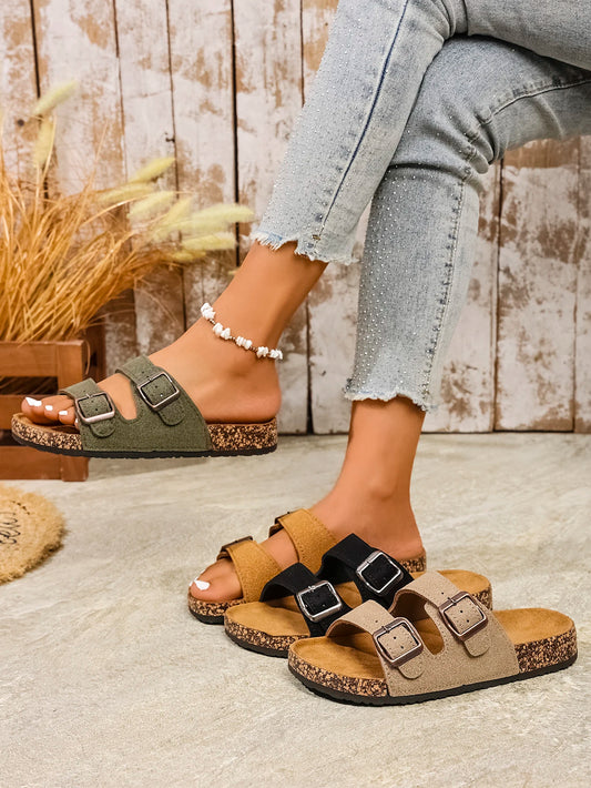 Women's Teen Mules New Spring and Summer Vintage Casual Slip-On Shoes Pu Upper Double Strap Half Slippers with Adjustable Buckle