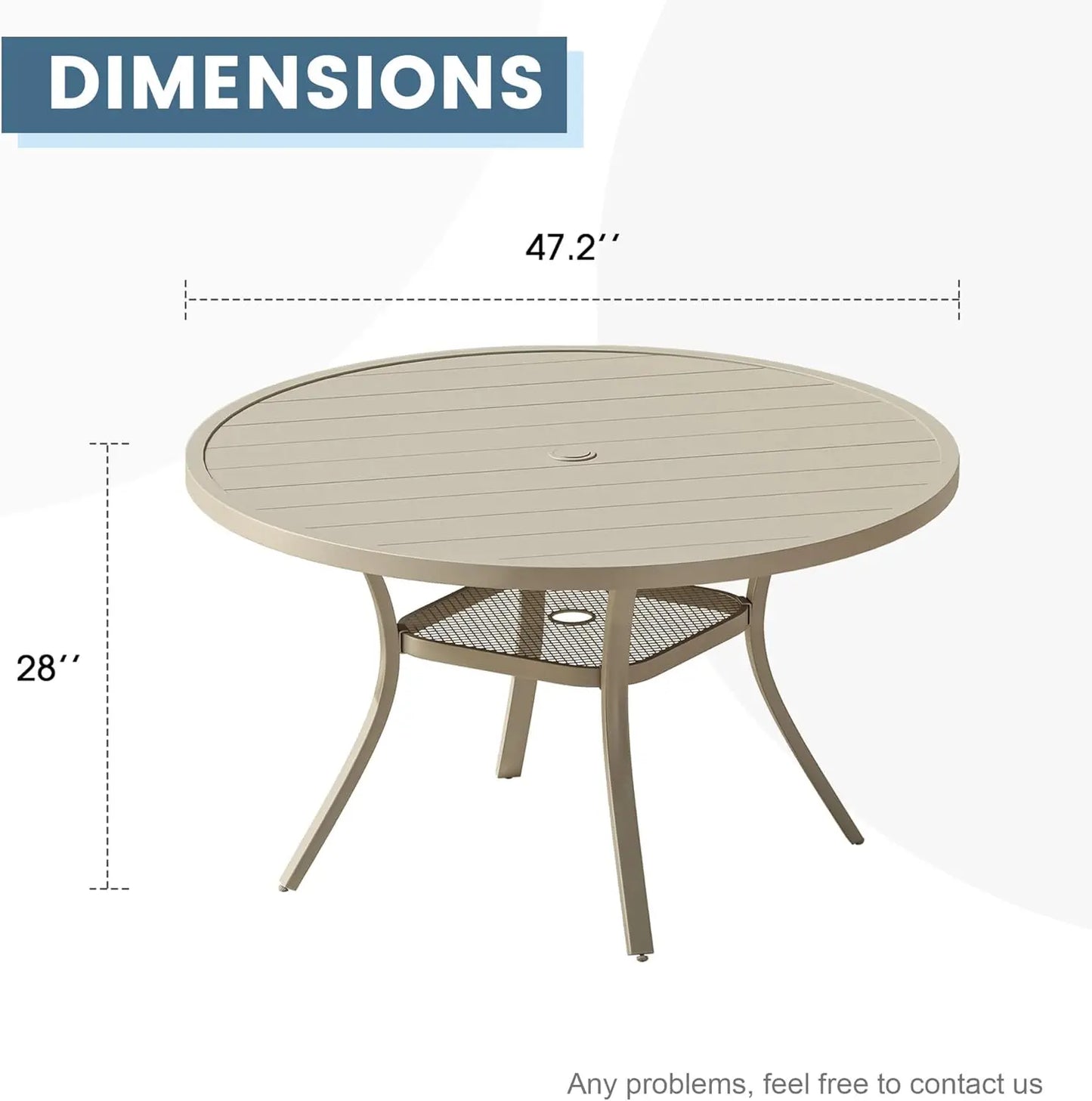 48" Round Patio Dining Table for 6, Outdoor Metal Dining Table with 1.57" Umbrella Hole for Backyard Lawn Garden, Sandshell