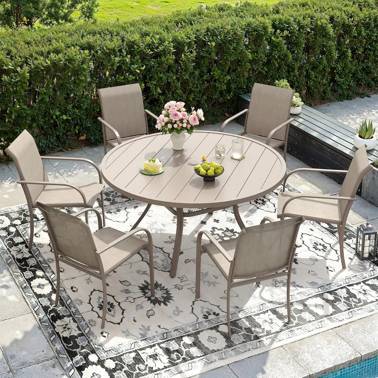 48" Round Patio Dining Table for 6, Outdoor Metal Dining Table with 1.57" Umbrella Hole for Backyard Lawn Garden, Sandshell