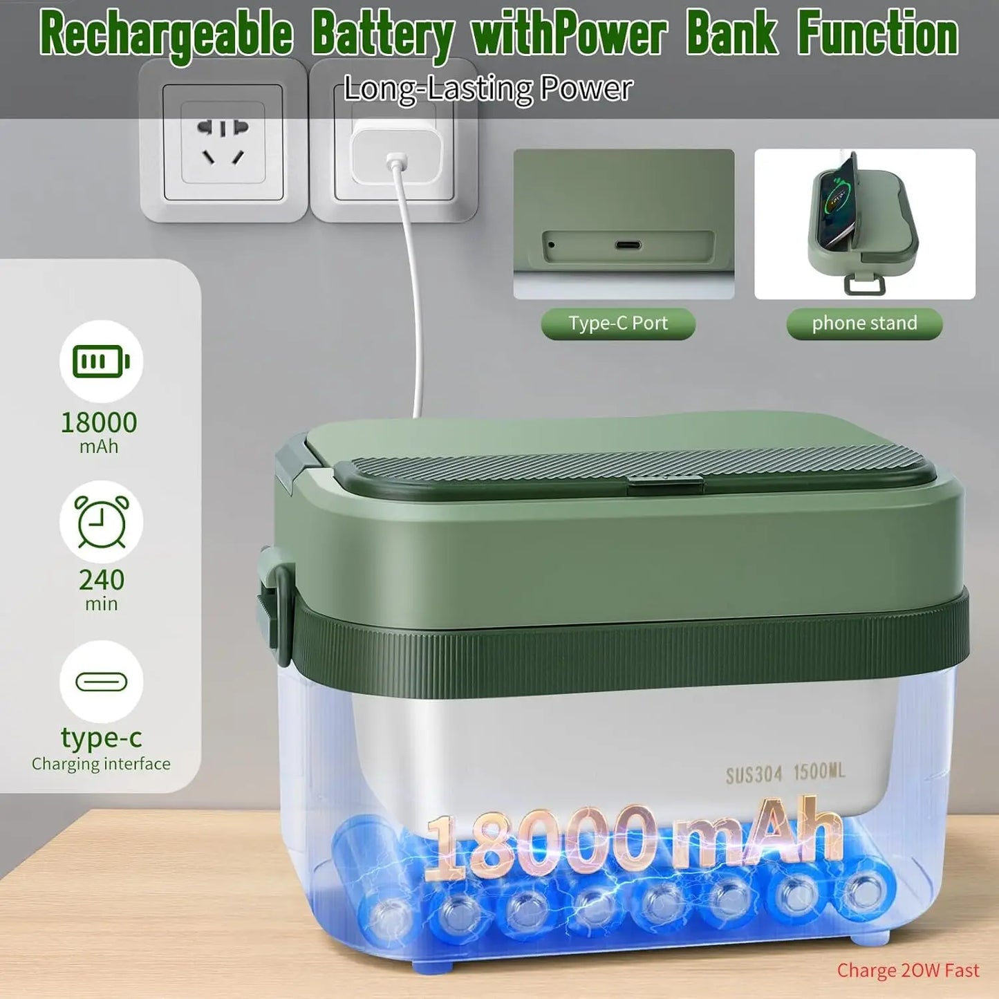 Cordless Electric Lunch Box with 18000mAh Battery, Self-Heating for Office Travel Outdoors, 1.5L Stainless Steel Container