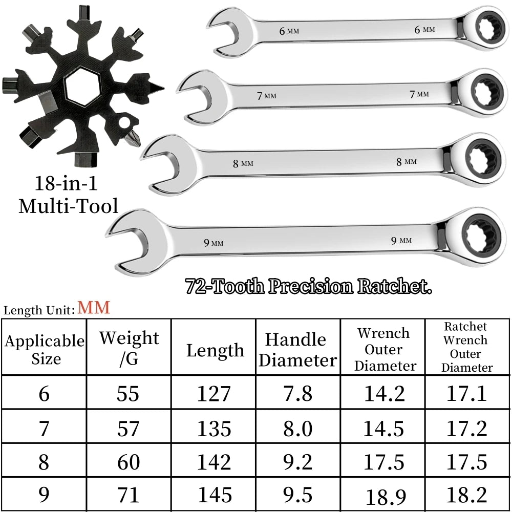 Flexible Ratcheting Wrench Set Metric Hand Tools For Car Repair