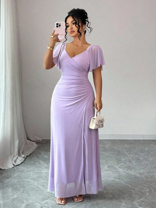 Lavender V-Neck Ruffle Sleeve Pleated Maxi Dress for Bridesmaid Wedding Party Formal Occasion