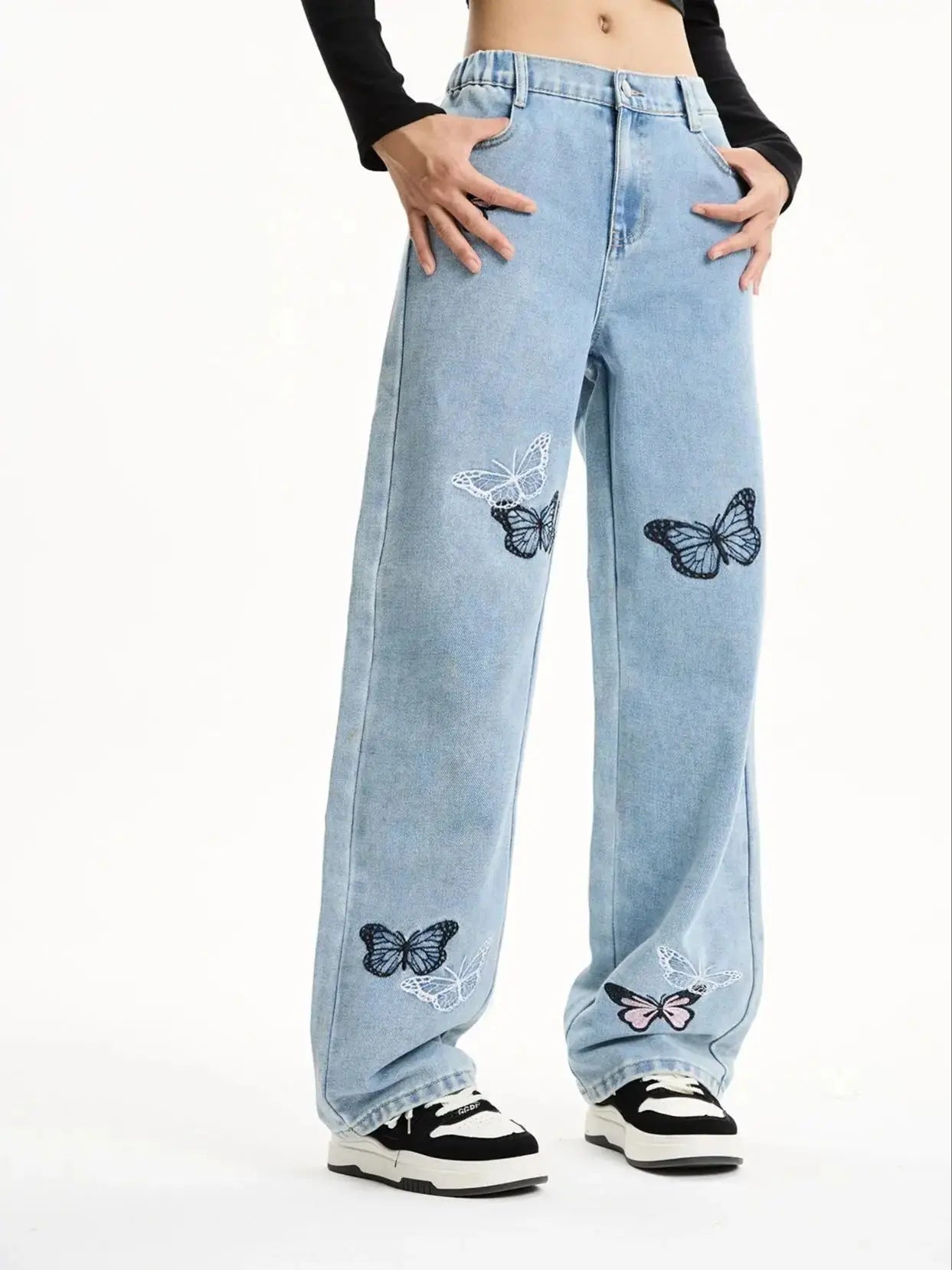 Girls' Butterfly Embroidered Light Blue Washed Jeans - Loose Fit Student Casual Stylish Straight Leg Pants