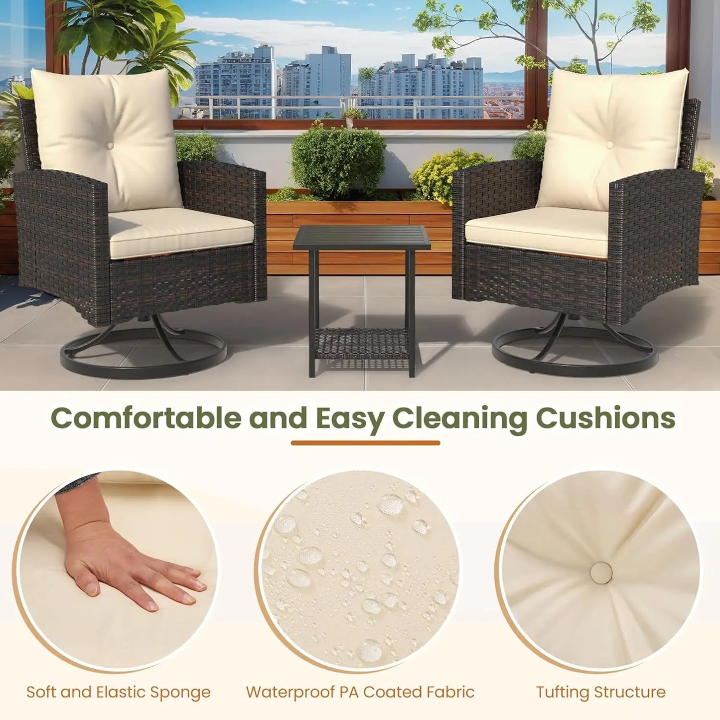 3-Piece Outdoor Patio Set With Swivel Rocker Chairs And Table