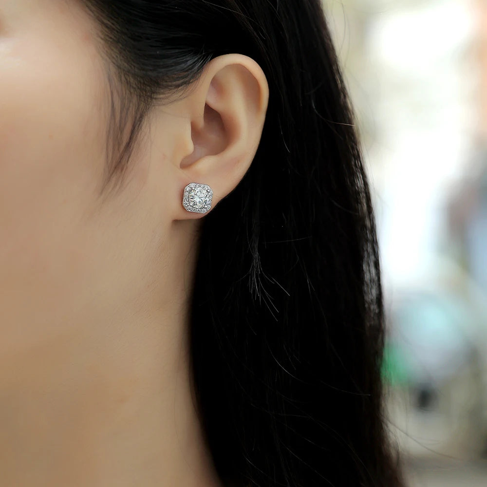 JIUZUAN Moissanite Octagon Halo Stud Earrings 925 Silver 18K Gold Plated