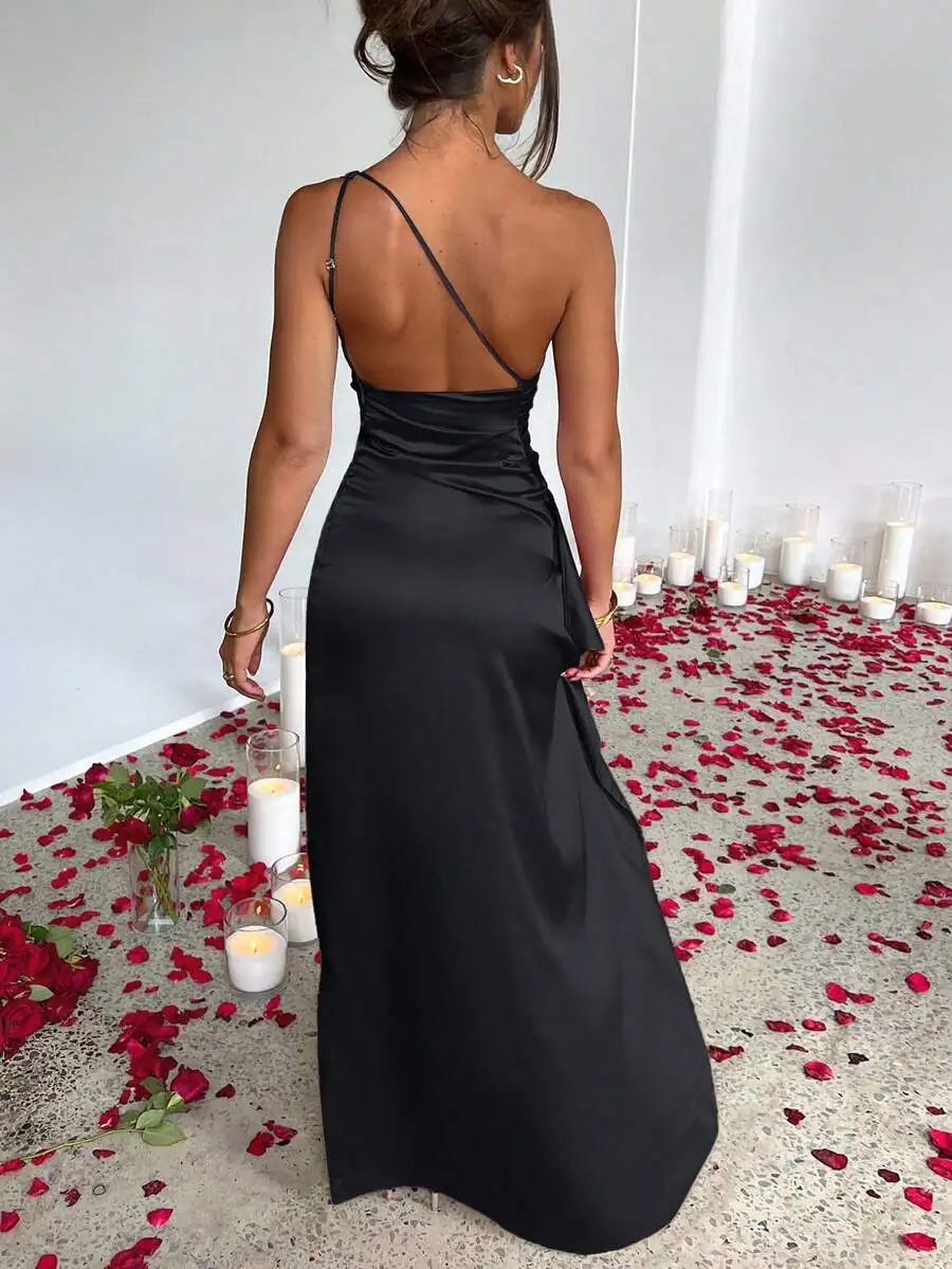 Black Satin One-Shoulder Ruched Maxi Dress with High Thigh Slit