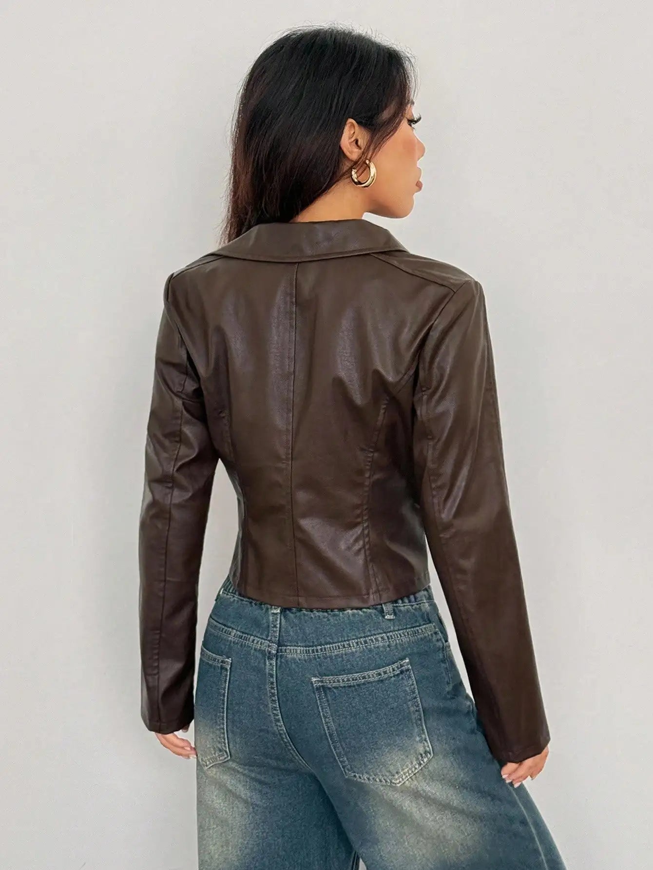 Women's Brown Faux Leather Bomber Jacket with Double Zipper, Short Fit for Fall Winter Casual Streetwear