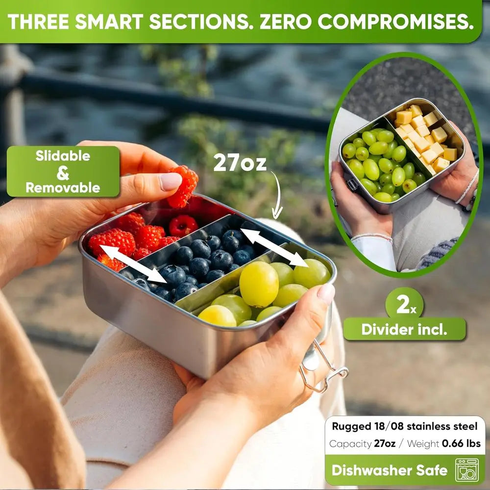 27oz Stainless Steel Lunch Box with 3 Compartments, Leak-Proof Containers, Eco-Friendly Meal Storage Solution